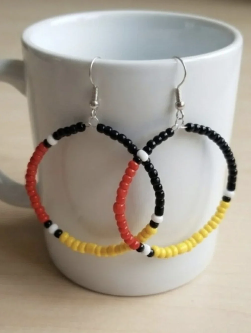 Handmade Beaded Hoop Earrings in Red, Black & Yellow